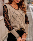 Zingj Spring And Autumn Plaid Knit Stitching Lace Top V Neck Fashion Long