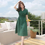 Korean Linen Midi Party Dress Summer V Neck Short Sleeve Elegant Pink Casual Women'S Dresses Clothing