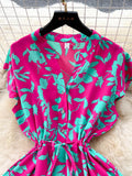 Women Floral Chiffon Midi Dress Vintage V-Neck Ruffle Hem Elegant Single Breasted Vestidos Female Vacation Beach Robe
