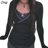 Womens Crop Tops Fashion Solid Color Long Sleeve Lace Patchwork V Neck T-Shirts Spring Autumn