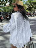 Women's Spring Hollow Out Skirt Suit Chic Long Sleeve Single Breasted Shirts Tiered Mini Skirts Set Female Summer New