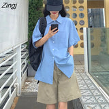 Women Straight Solid Turn-down Collar All-match College Style Ins Street Wear Students New Arrival Button Summer