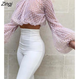 Women Hollow Mesh Net Perspective Long Lantern Sleeve Tops Transparent Blouse Clubwear Autumn