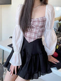 White Mini Skirt Women Lolita Vintage Elegant Double-layer Ruffles Patchwork High Waist A-line Cute Black Skirt