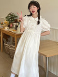 White Dress Women Summer Kawaii Midi Dresses Bow Preppy Style Sundress Ruffle Patchwork Peter Pan Collar Puff