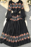 Bohemian Women Printed Pleated Long Dress Elegant Vacation Beach Maxi Vestidos Female Lantern Sleeve Draped Robe