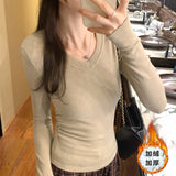 V-Collar Slim Wrinkle Waist Long-Sleeved T-Shirt Women's Autumn And Winter New Plush Plush Bottomed