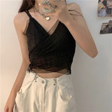 Women Mesh Slim Tops Hot Girls Summer Popular Teenagers Chic Solid V-neck Sexy Stylish Korean Style Mujer New