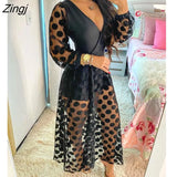 Women's Clothing Spring Polkadot Print Wrap Long Sleeve Maxi Dress See Through Party Wedding Formal Elegant Boho V