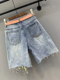 Summer Women's Jeans Korean Fashion Hole Ripped Beading Vintage Printed Knee Length Denim Pants Y2K High