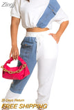 Workout Jean Patchwork Women Two 2 Piece Set Outfits Sweatsuit 2023 Summer Tee and Jogger Pants Matching Set