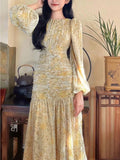 Floral Print Midi Dresses for Women 2023 New Summer Long Sleeve Folds Party Prom Female Clothes Beach Bodycon Dress