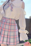 Women Shirts Off Shoulder Peter Pan Collar Sweet Lolita Style Lovely Solid Long Lantern Sleeve Bow Lace Up Female Leisure