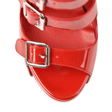 Onlymaker Women's Platform Buckle Belts Chunky 15~16cm Round Heel Peep Toe Black and Red Fashion Zipper Sandals For