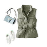 Korean Version Of Down Vest Female Wear A Waist Stand Collar Coat 2024 White Duck Velvet Drawn Rope Pocket Horse Clip Vest Vest-Outfit