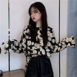 Shirts Women Long Sleeve Print Ulzzang Cat Turn-down Collar Students Designed Womens Korean Style with Buttons