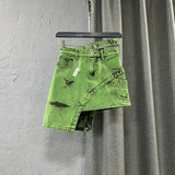 Women Fashion Streetwear Green Tie Dye Denim Skirt High Waist A-line Short Skirts Fairy Grunge Asymmetrical Alt