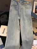 Mujer Summer Fashion Oversized Streetwear Retro Flower Print High Waist Blue Straight Casual Women Denim Trousers