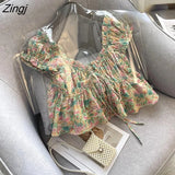 T-shirts Women Sweet Holiday Slim Short-sleeve Folds Design French Style Vintage Print Tops Young Hot Summer
