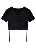 Summer Casual Tee Tops Women T shirts Solid V-neck Sexy Cropped Cross Tie-Up Harajuku Basic Korean Street T-shirts