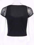 Tops Goth T-shirt Women Bodycon Bandage Lace Black T-shirts Gothic Streetwear Sexy Female Top Casual Mesh