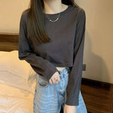 Long Sleeve T-shirts Women Basic Crop Tops Simple All-match Loose Japanese Style Causal Tshirts Female Daily Ulzzang