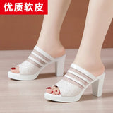 Fishmouth Sandals And Slippers Women's Soft Leather 2023 Summer New Thick-Soled Waterproof Platform Heels Thick-Heeled Mesh