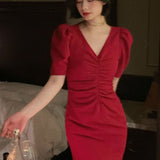 New Dress For Women Elegant Midi Bodycon Office Lady Solid One Piece Slim Clothing Femme Fashion