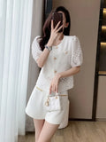 Small Fragrant French Short Sleeve Single Breasted Jacket + High Waist Slim Shorts Suits 2 Pieces Sets Women's