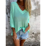 For The New T-Shirt Women's Hollow Long-Sleeved Knitted Shirt Languid Style Design V Collar Sunscreen Sexy