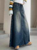 Vintage Harajuku Burr Distressed Low Waist Denim Skirt Women Loose Korean Washed Casual Long Skirts Outfits