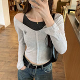 Spice Girls Embroidered Shoulder-Exposed Fake Two Pieces Of Sling Thin Style Long-Sleeved Sweater New Style Short Blouse For Women In Early