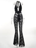 Summer 2023 New Fashionable Spicy Girls Slim And Hollow Deep V Lace Trousers Sexy Jumpsuit