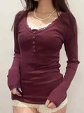 Solid Lace Trim Breasted Long Sleeve Knit- Outfit