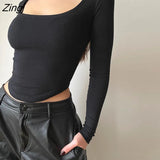 Women's Spring Autumn Skinny Basic Crop Tops Solid Color Long Sleeve Square Collar Slim Fit Pullover