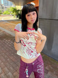 Aesthetic Kawaii Cute Cartoon Print Crop Top Contrast Color All Match Casual Women T-shirt Japanese Patchwork Fashion