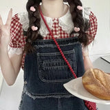 Aesthetic Lace Collar Checkered Puff Sleeve BlouseOutfit