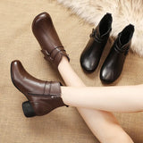 2021 New Autumn Winter Thick Heel Ankle Boots Women Warm Boots Shoes Handmade Genuine Leather Flowers Zipper Retro