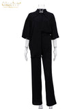 Causal Loose Trouser Suits Autumn Short Sleeve Blouse With High Wasit Pants Set Women Elegant Brown 2 Piece Pants