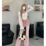 2022 Pink Flare Pants for Women Y2k Vintage Female Low Waist Jeans Ins High Street Full Length Trousers Fashion