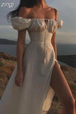 Off Shoulder Dress Women Puff Short Sleeve White Dresses Female Cut out Tie up Side Split Ruched Elegant Long