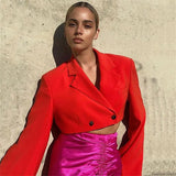 Women Blazer V Neck Long Sleeve Cropped Blazer Autumn Chic Button Lace Up Turn-down Collar