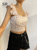 Zingj Summer Floral Strap Tops Women Square Neck Bow Ruffles Short Camisole Fashion Korean Flower Ladies Elastic Waist Top 211-1-Outfit