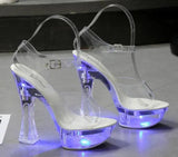 Square Heels Glowing Sandals Women Summer LED Flowers Transparent High Heels Shining Platform Thick Heel Ladies Banquet