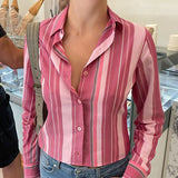 Zingj Retro Pink Striped Long Sleeve Shirt Women's Polo Collar Slim Slim Single Breasted
