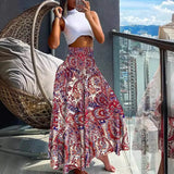 Zingj Women's Bohemian Print Tight Waist Long Skirt