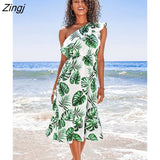 PETAL One Shoulder Ruffled Midi Dress For Woman Sexy Green Tropical Leaf Beach Holiday Dress 2023 Girls Summer