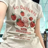 Les Dessert Strawberry & Letter Print Short Sleeve T-Shirt-Outfit