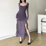 Zingj Temperament Flounce Square Collar Slit Dress Female Solid Color Long Sleeve Strap Wrap Buttock Long