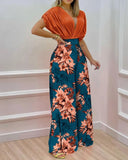 Two Piece Set Women Fashion V-neck Bat Sleeve Top Printed Wide-leg Pants Suit Casual Two Piece Set